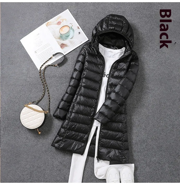 Women's mid-length lightweight down jacket in black, slim fit nylon design