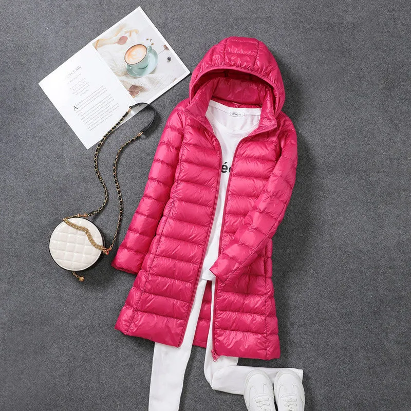 Women's mid-length lightweight down jacket in black, slim fit nylon design