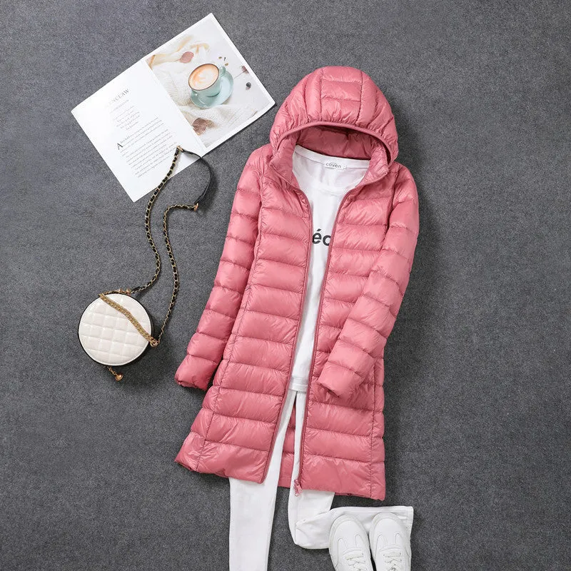 Women's mid-length lightweight down jacket in black, slim fit nylon design
