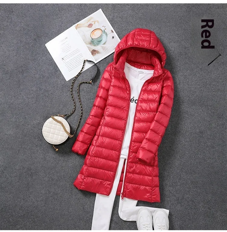 Women's mid-length lightweight down jacket in black, slim fit nylon design