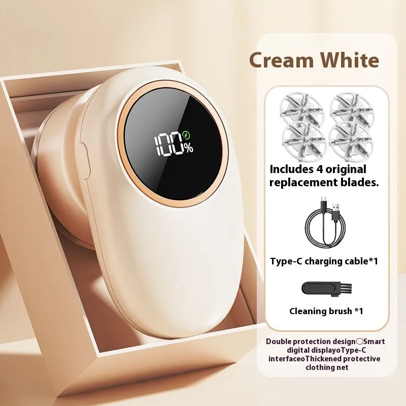 Beige and purple digital display fur ball trimmer with one, two, three, and four cutter head options.