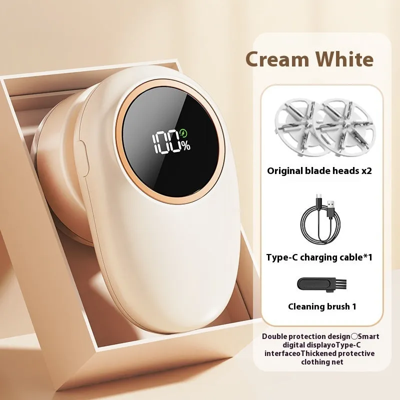 Beige and purple digital display fur ball trimmer with one, two, three, and four cutter head options.