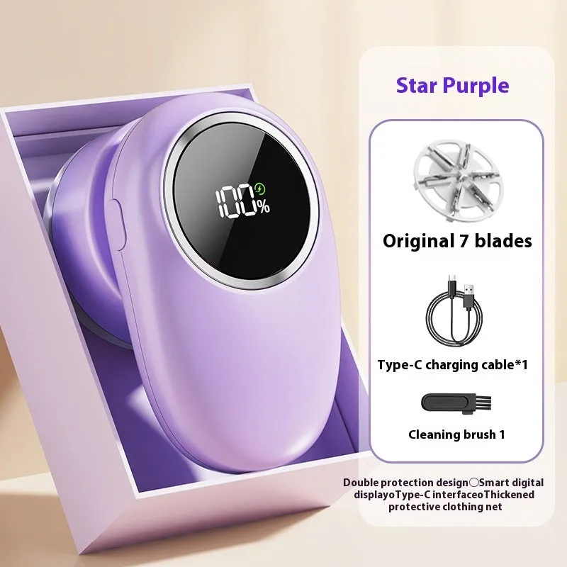 Beige and purple digital display fur ball trimmer with one, two, three, and four cutter head options.