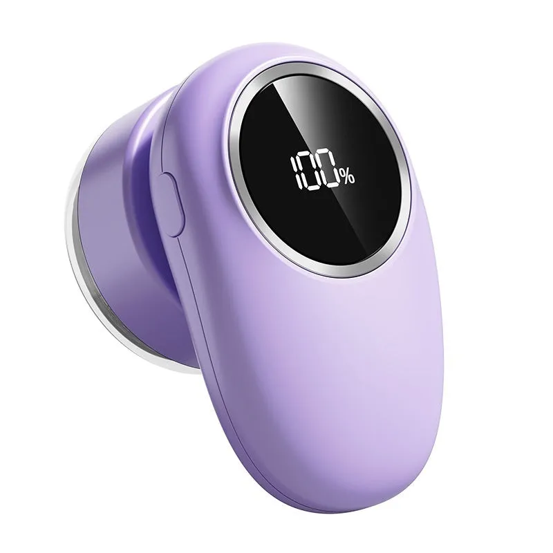 Beige and purple digital display fur ball trimmer with one, two, three, and four cutter head options.