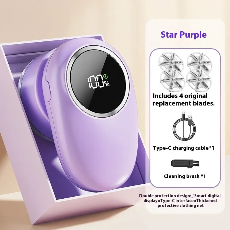 Beige and purple digital display fur ball trimmer with one, two, three, and four cutter head options.