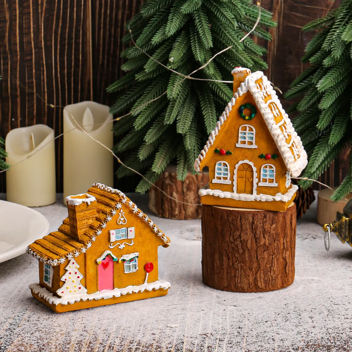 Christmas resin small house micro landscape with LED luminous glow in T2-63A colour