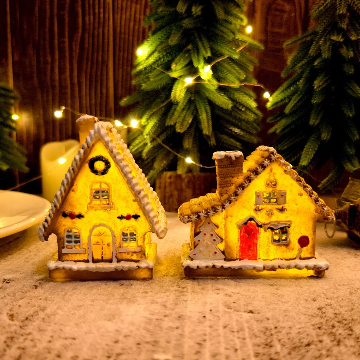 Christmas resin small house micro landscape with LED luminous glow in T2-63A colour