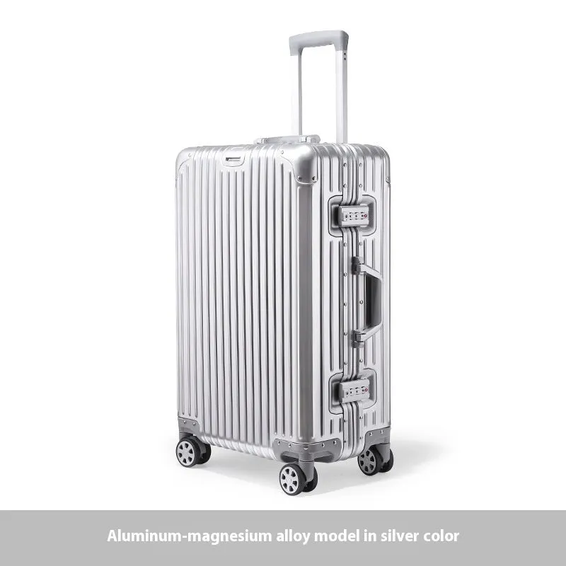 Alloy trolley case luggage with metal frame, universal wheels, solid colour, available in multiple sizes