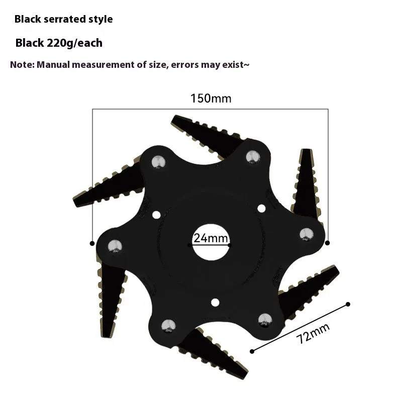 Alloy six-leaf knife grass head in black flat tooth type for agricultural trimming