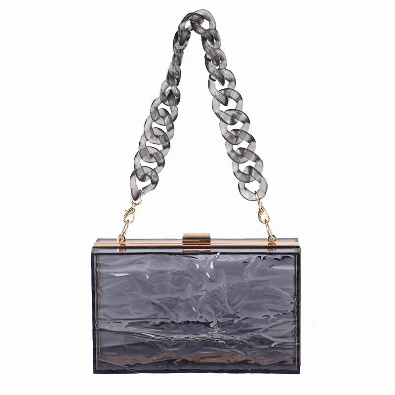 Transparent hard acrylic handbag for women with removable European chain resin necklace, 18cm height, shoulder bag style