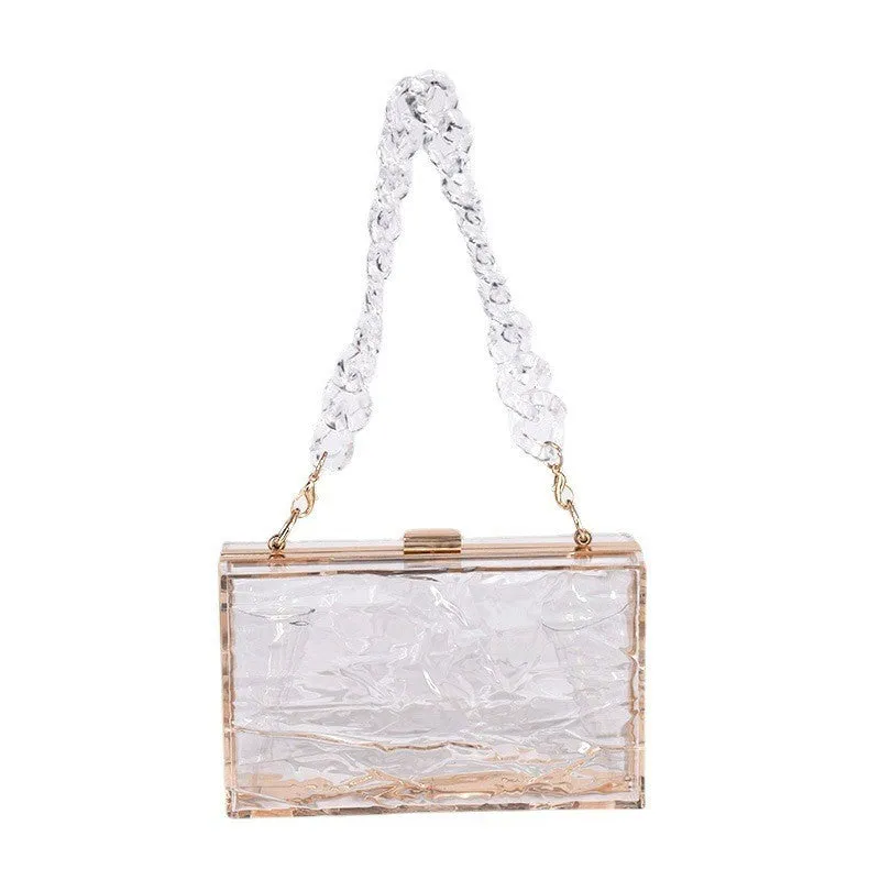 Transparent hard acrylic handbag for women with removable European chain resin necklace, 18cm height, shoulder bag style