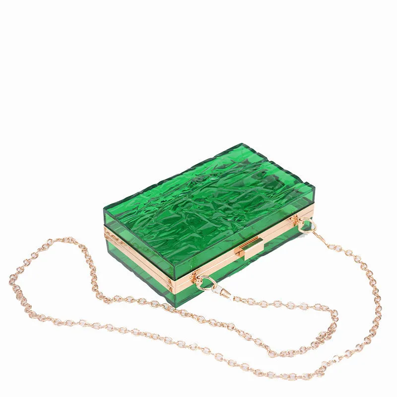 Transparent hard acrylic handbag for women with removable European chain resin necklace, 18cm height, shoulder bag style