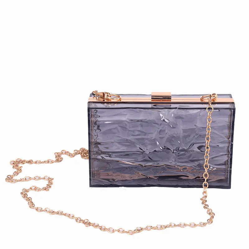 Transparent hard acrylic handbag for women with removable European chain resin necklace, 18cm height, shoulder bag style