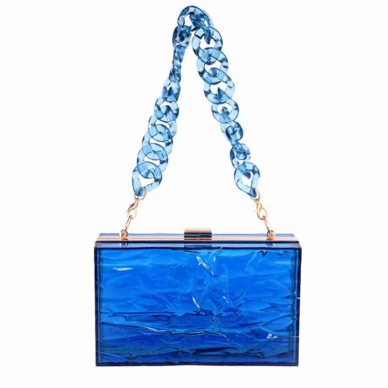 Transparent hard acrylic handbag for women with removable European chain resin necklace, 18cm height, shoulder bag style