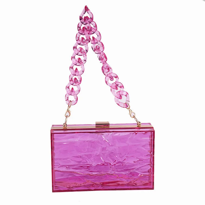 Transparent hard acrylic handbag for women with removable European chain resin necklace, 18cm height, shoulder bag style