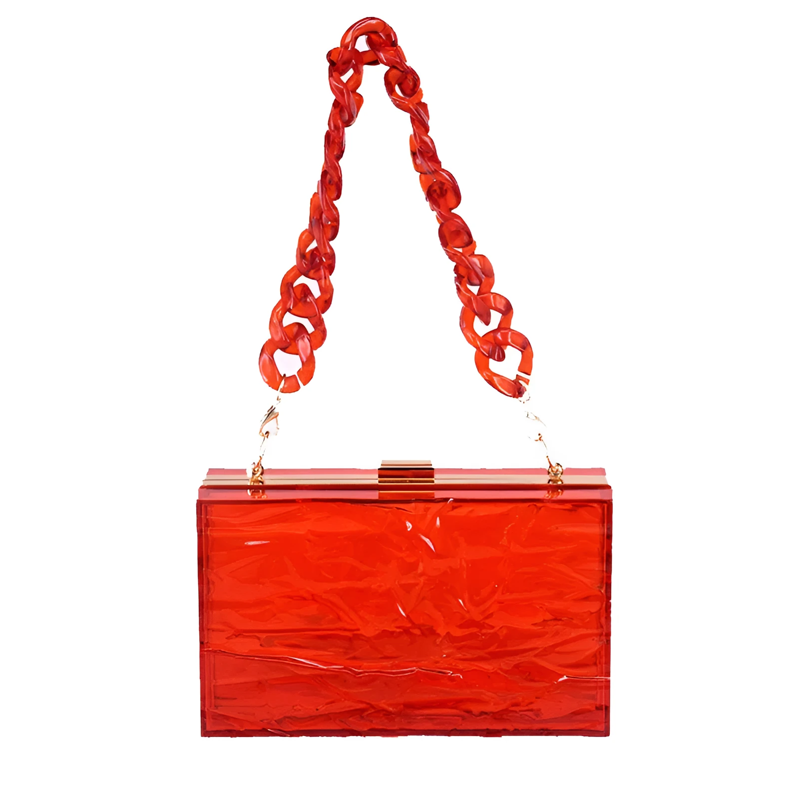 Transparent hard acrylic handbag for women with removable European chain resin necklace, 18cm height, shoulder bag style