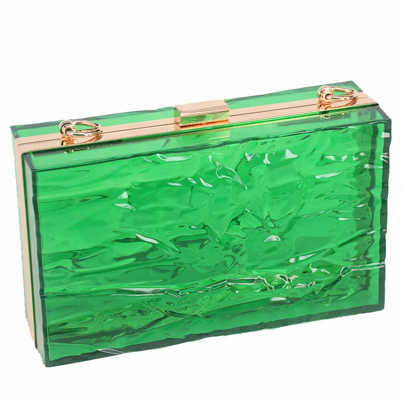 Transparent hard acrylic handbag for women with removable European chain resin necklace, 18cm height, shoulder bag style