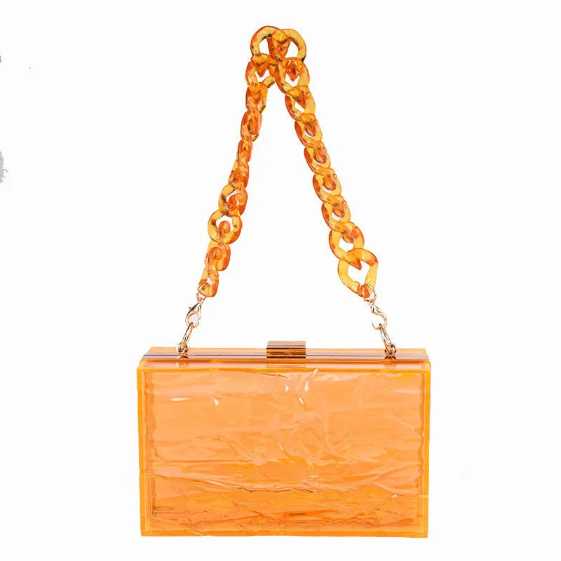 Transparent hard acrylic handbag for women with removable European chain resin necklace, 18cm height, shoulder bag style