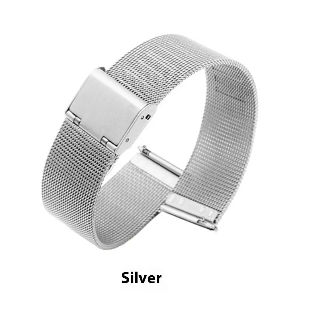 Milani silk woven stainless steel watch band in silver, black, rose gold, and gold colours showing six bandwidth sizes from 12mm to 22mm