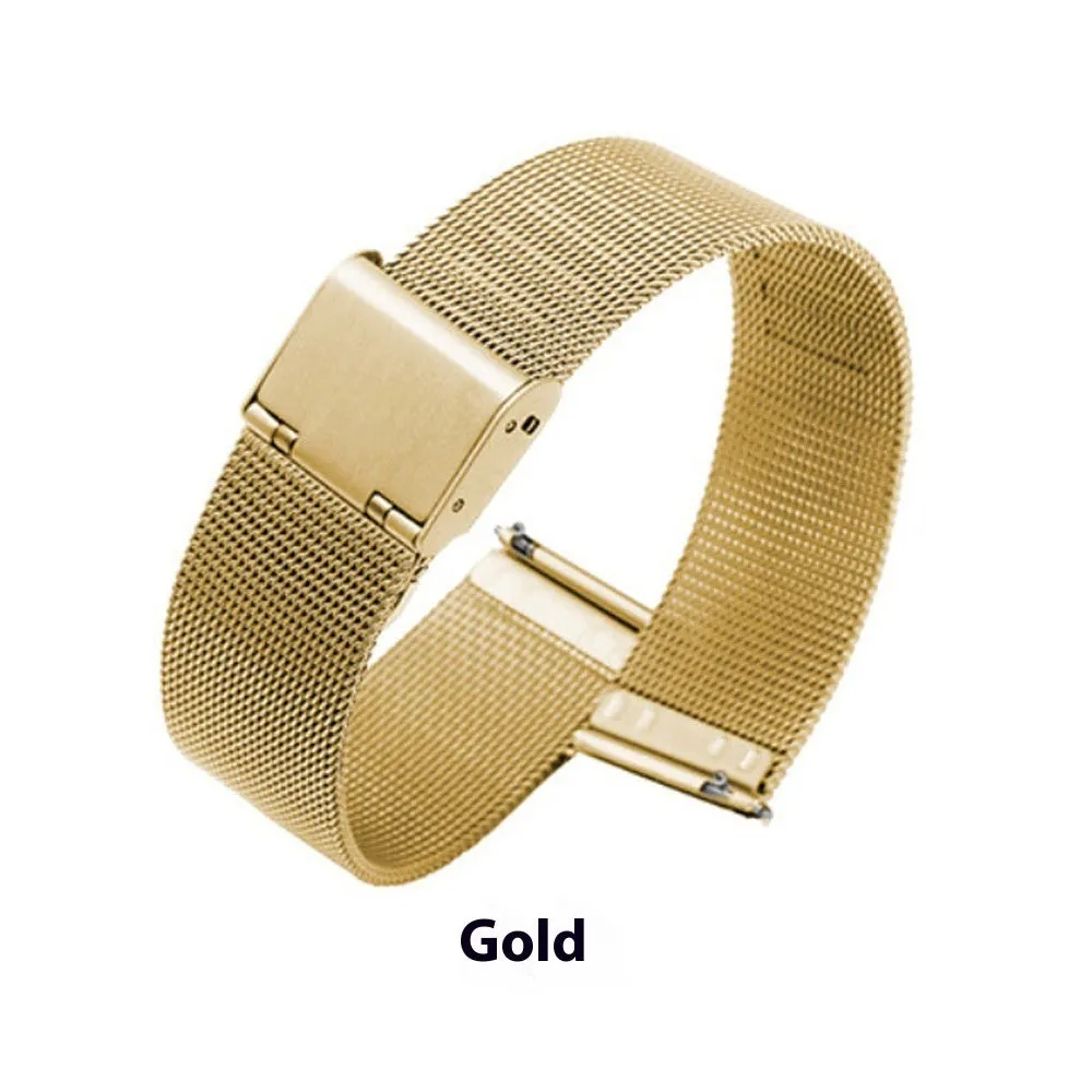 Milani silk woven stainless steel watch band in silver, black, rose gold, and gold colours showing six bandwidth sizes from 12mm to 22mm