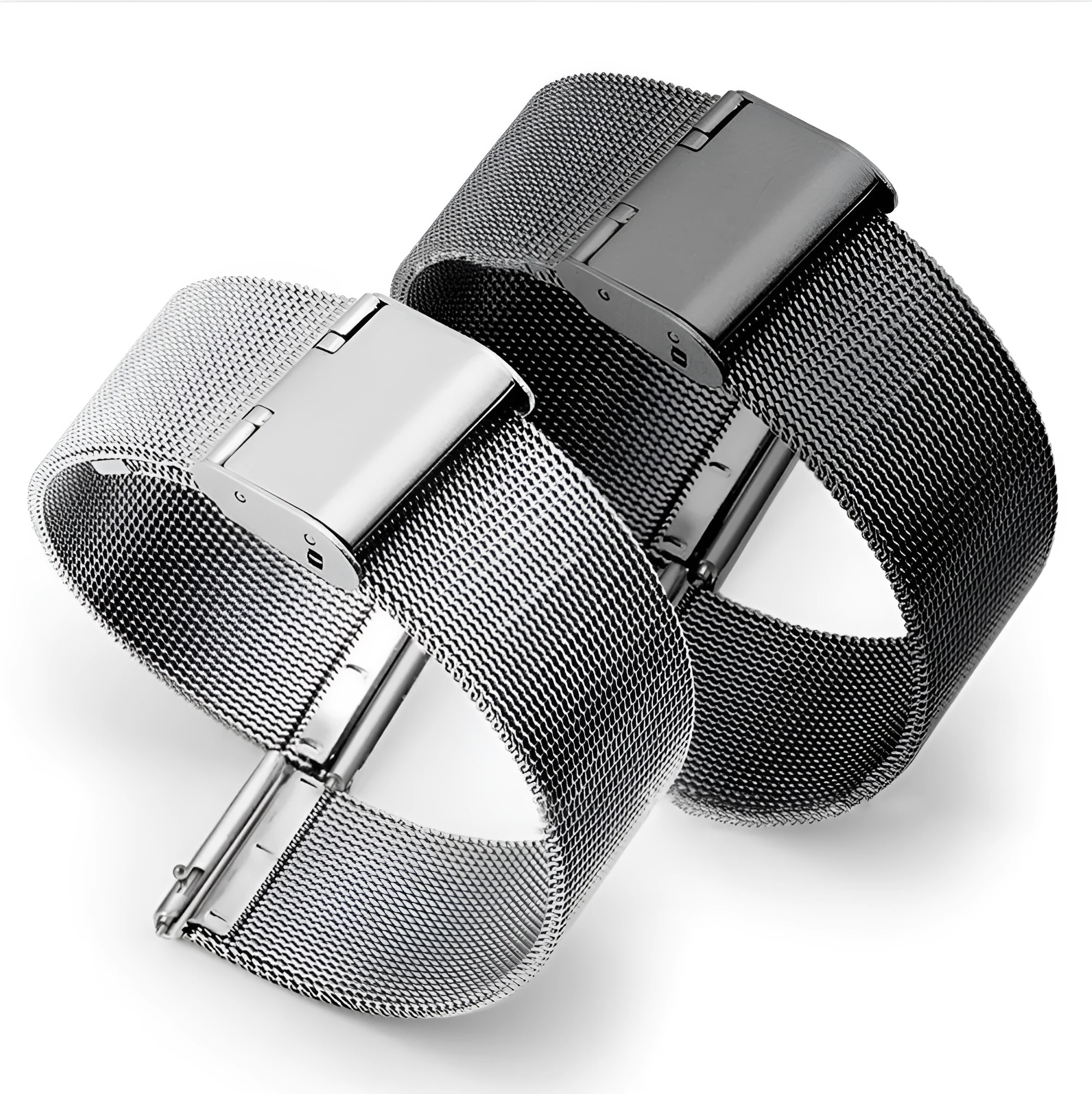 Milani silk woven stainless steel watch band in silver, black, rose gold, and gold colours showing six bandwidth sizes from 12mm to 22mm