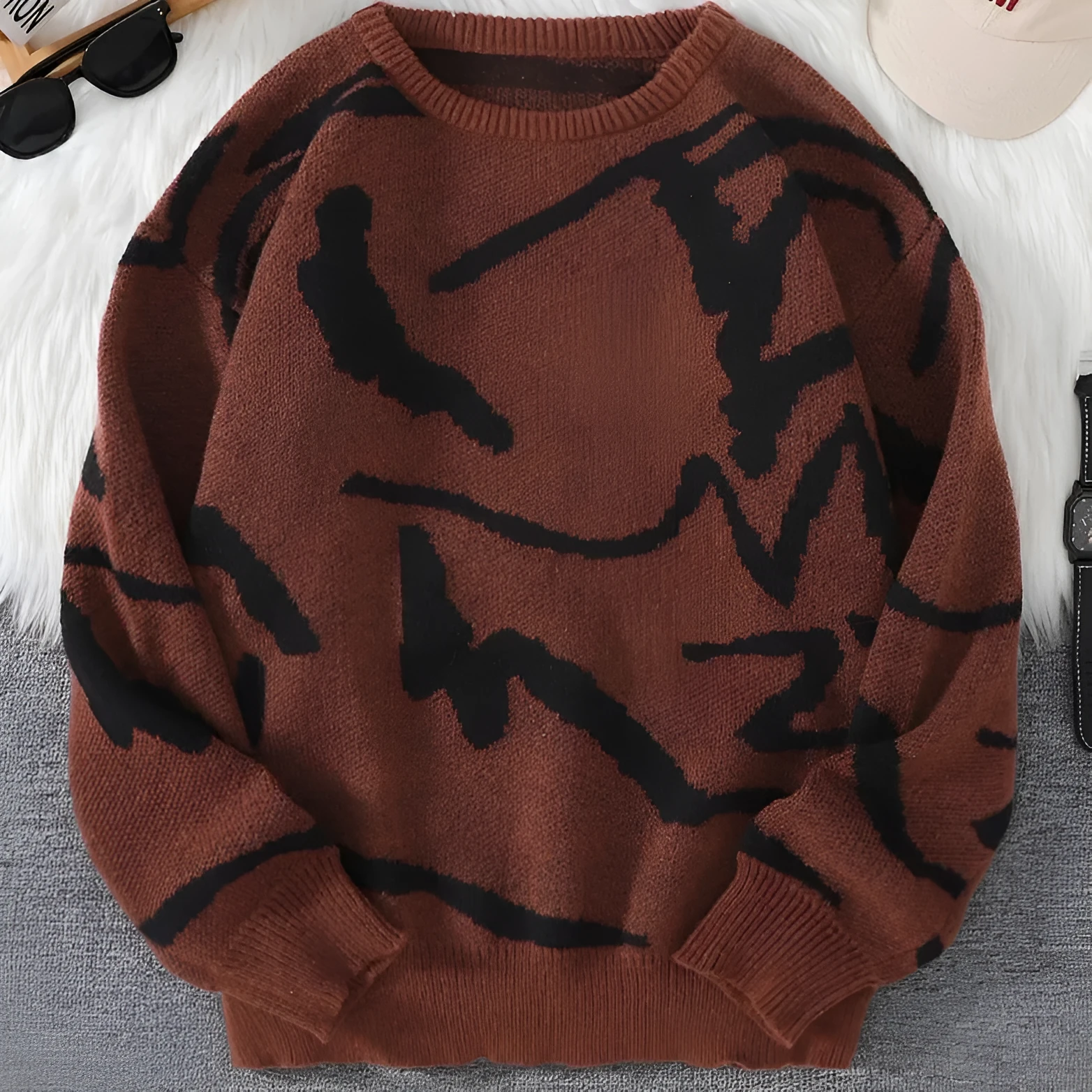 Red graffiti jacquard pullover with long sleeves and loose fit for male teenagers