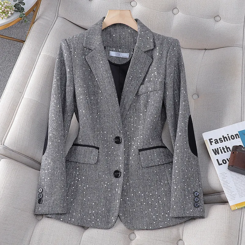 Women's Korean-style houndstooth blazer in coffee colour, long sleeve, polyester fabric, front view