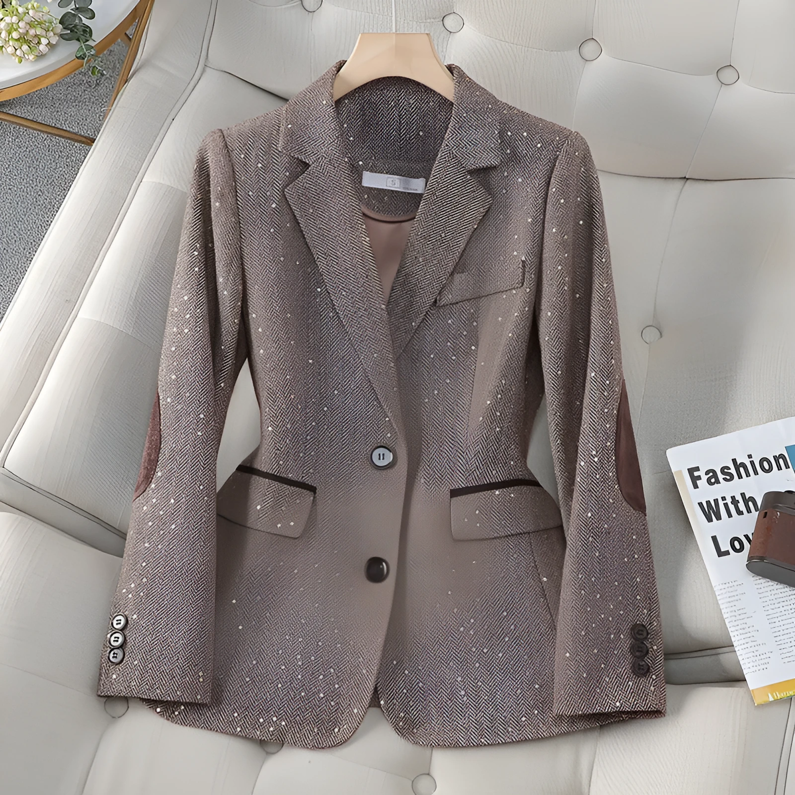 Women's Korean-style houndstooth blazer in coffee colour, long sleeve, polyester fabric, front view