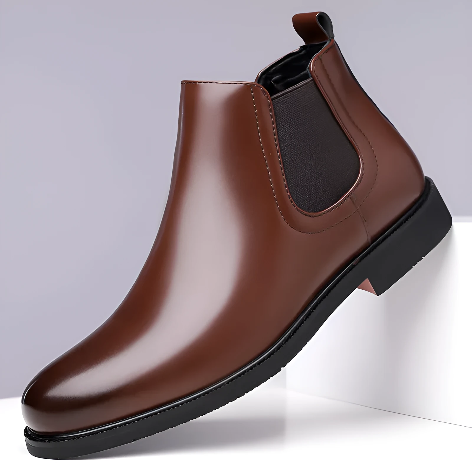 Men's brown fleece-lined Martin boots with tassel detail, rubber sole, and PU leather upper for outdoor use