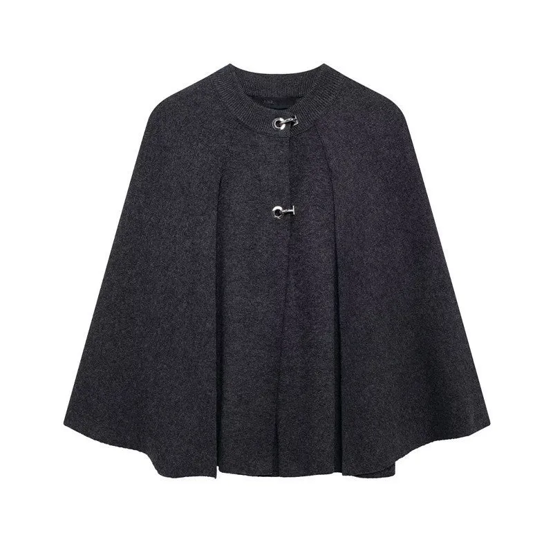 Cape round neck long sleeve knitted sweater coat in solid dark gray with regular sleeves for street fashion style