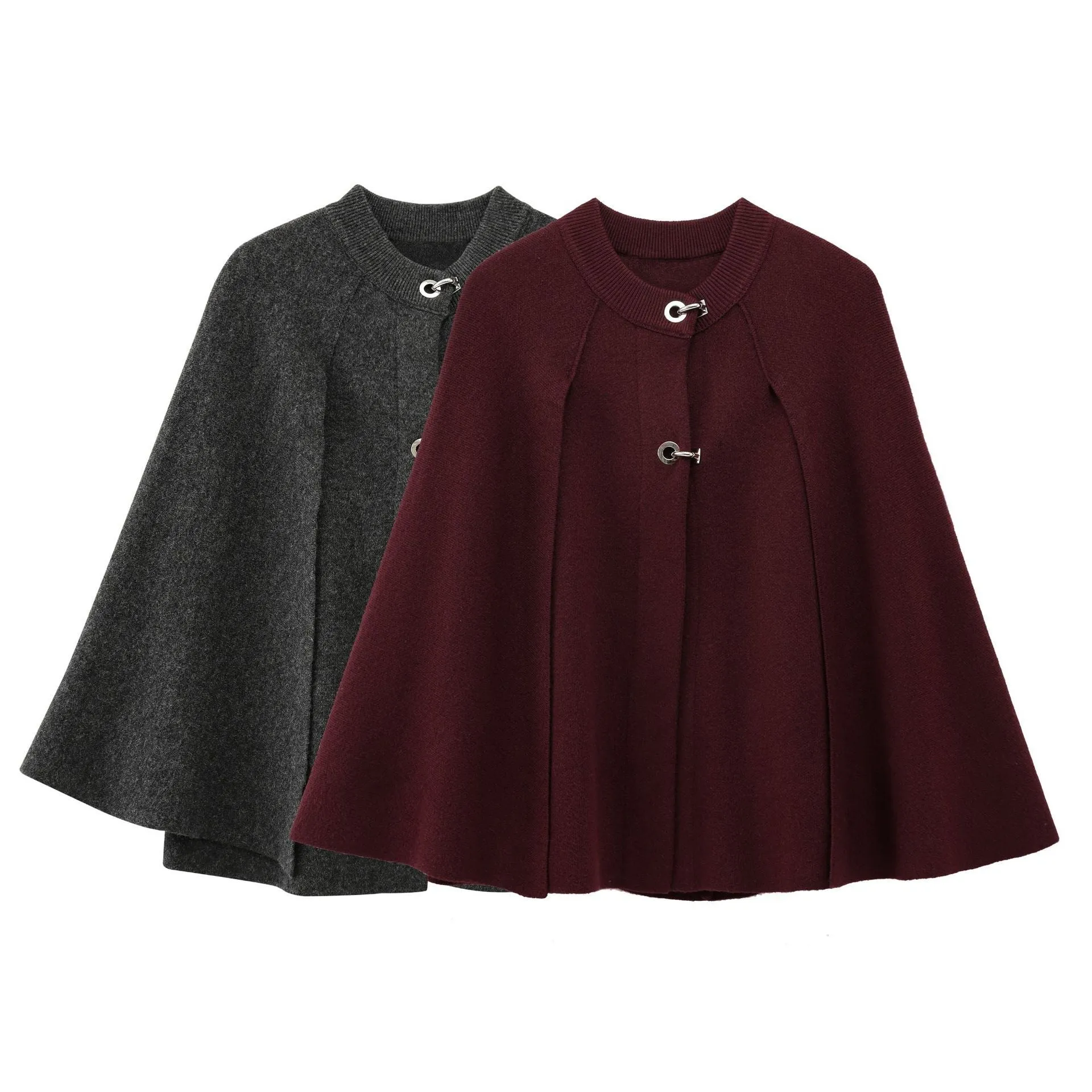 Cape round neck long sleeve knitted sweater coat in solid dark gray with regular sleeves for street fashion style