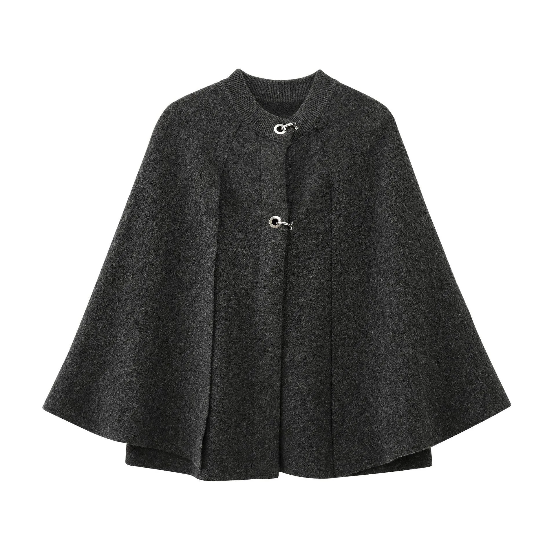 Cape round neck long sleeve knitted sweater coat in solid dark gray with regular sleeves for street fashion style
