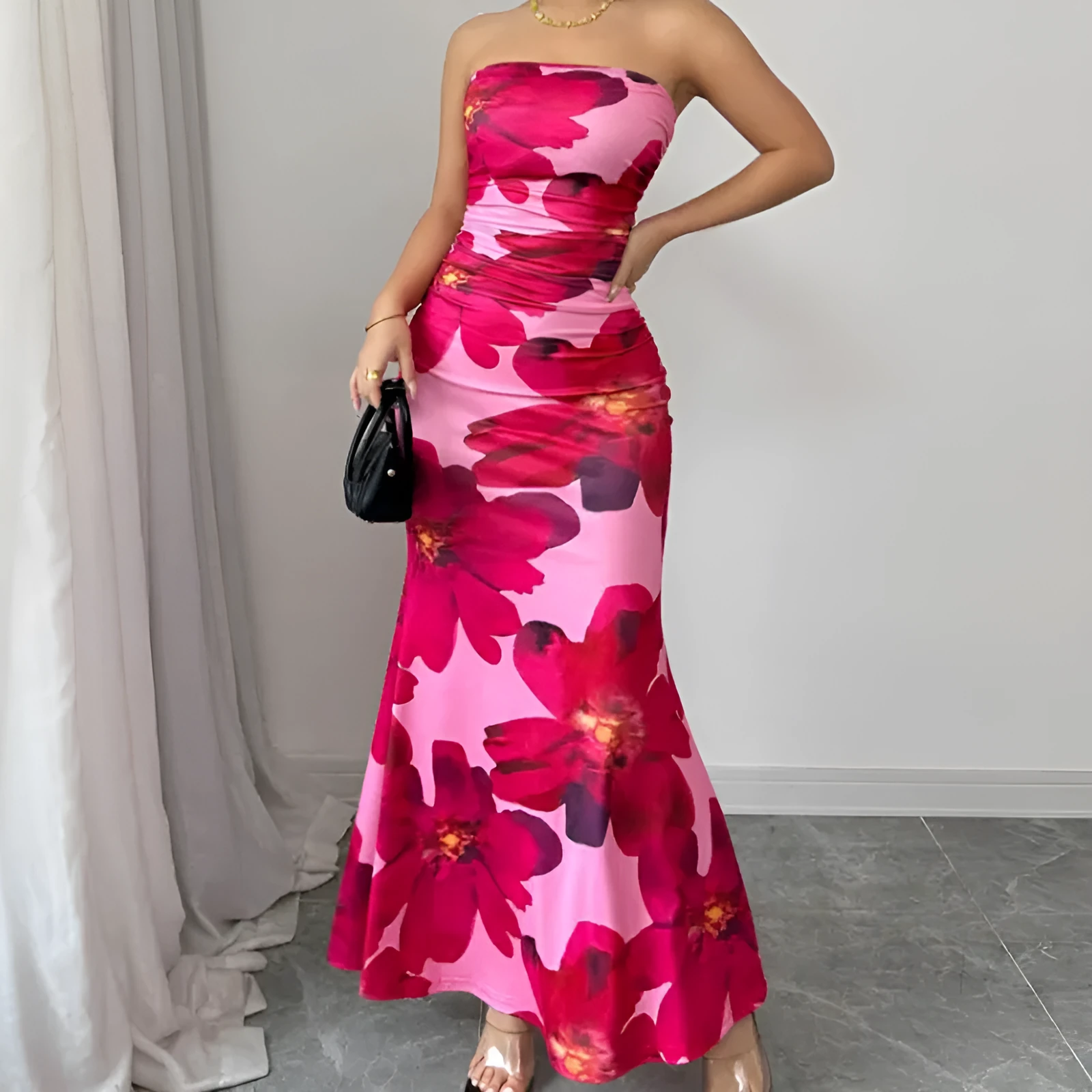 Women's slim fit high waist long flower dress pink print sleeveless hip skirt S M L XL