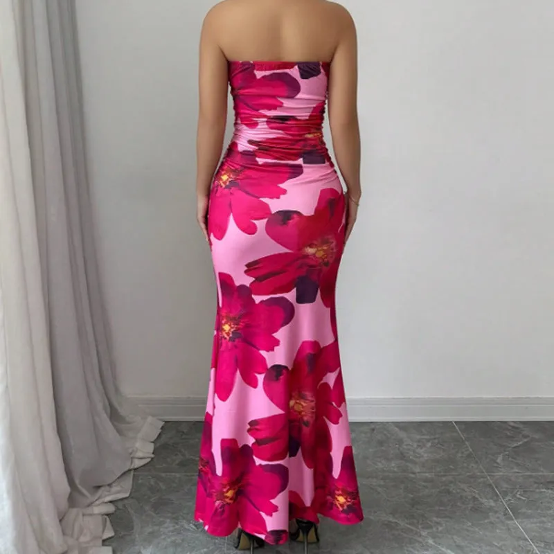 Women's slim fit high waist long flower dress pink print sleeveless hip skirt S M L XL