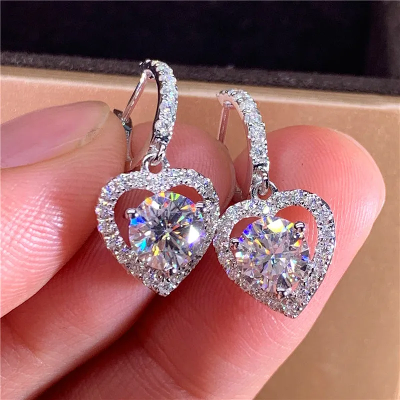 Heart-shaped six-claw copper zircon earrings with electroplated finish for women