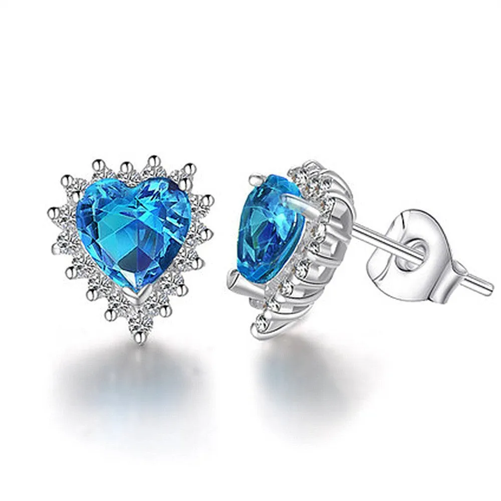 Heart-shaped six-claw copper zircon earrings with electroplated finish for women