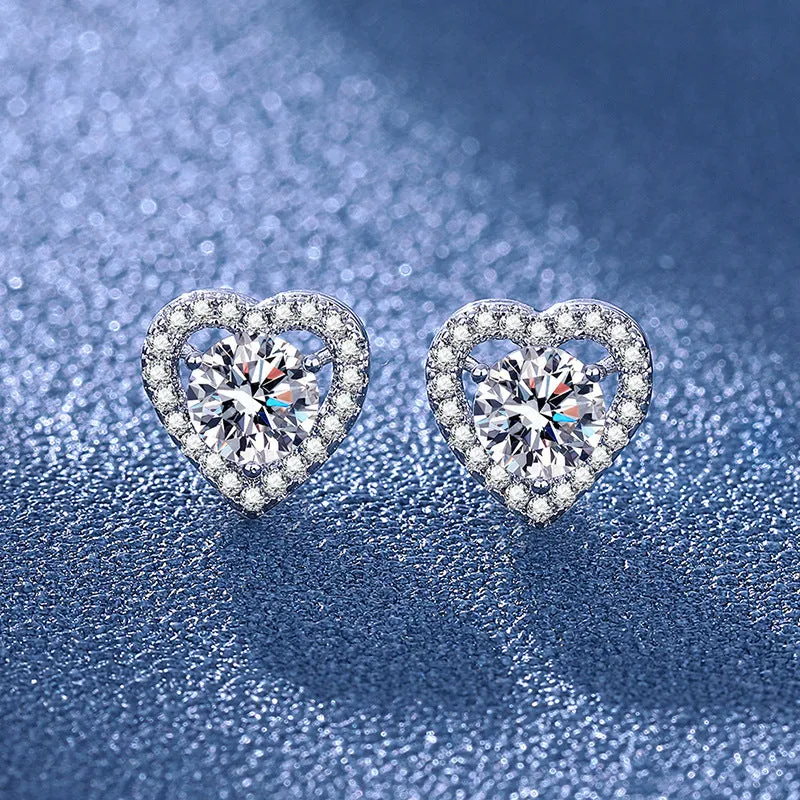 Heart-shaped six-claw copper zircon earrings with electroplated finish for women