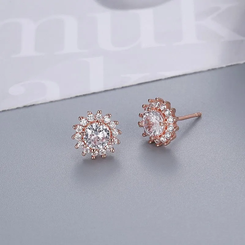 Heart-shaped six-claw copper zircon earrings with electroplated finish for women