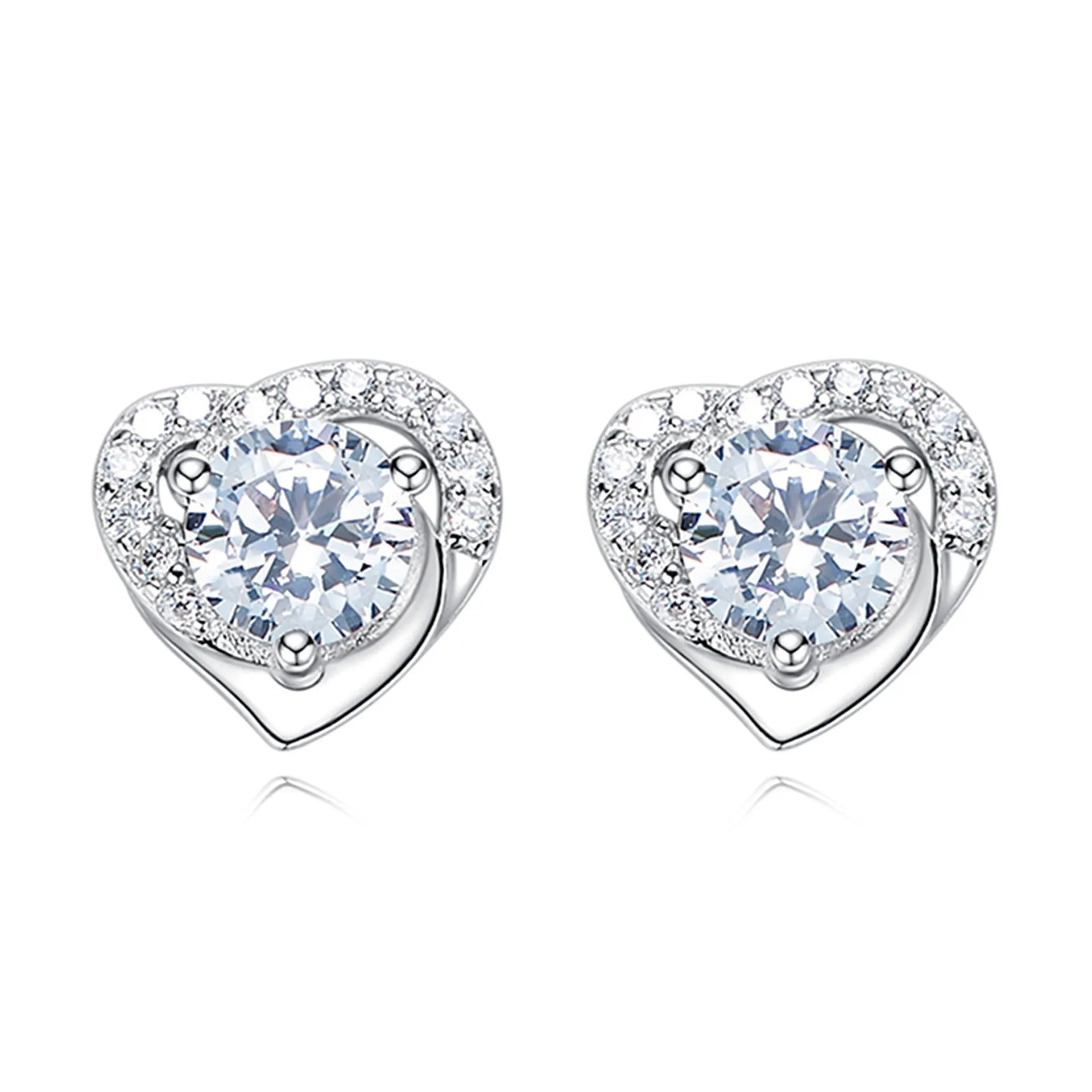 Heart-shaped six-claw copper zircon earrings with electroplated finish for women