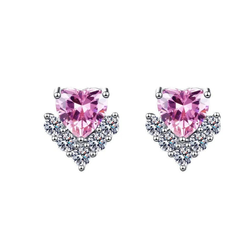 Heart-shaped six-claw copper zircon earrings with electroplated finish for women