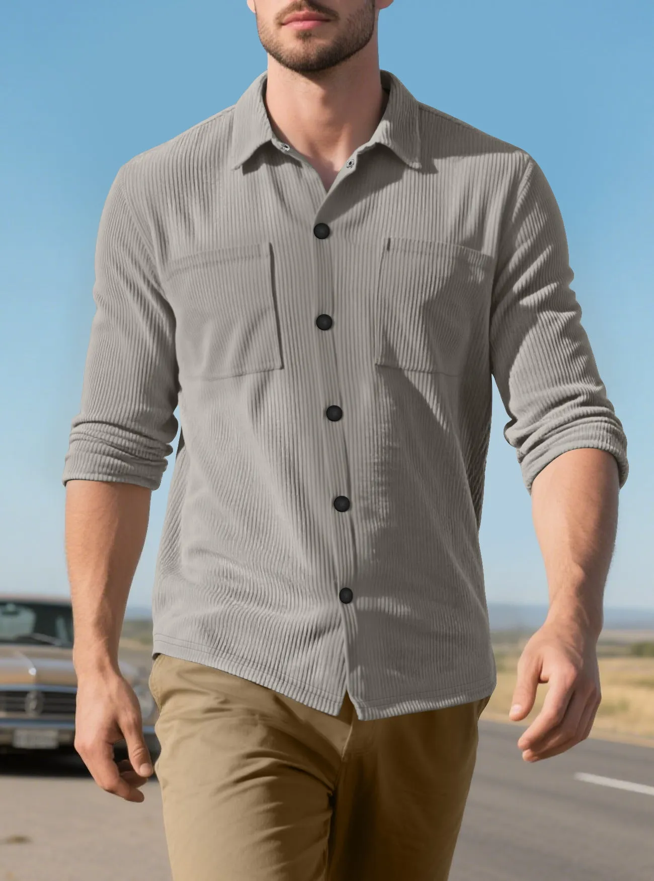 Casual corduroy polo collar jacket top with patch pockets in five colours from S to XXXL size