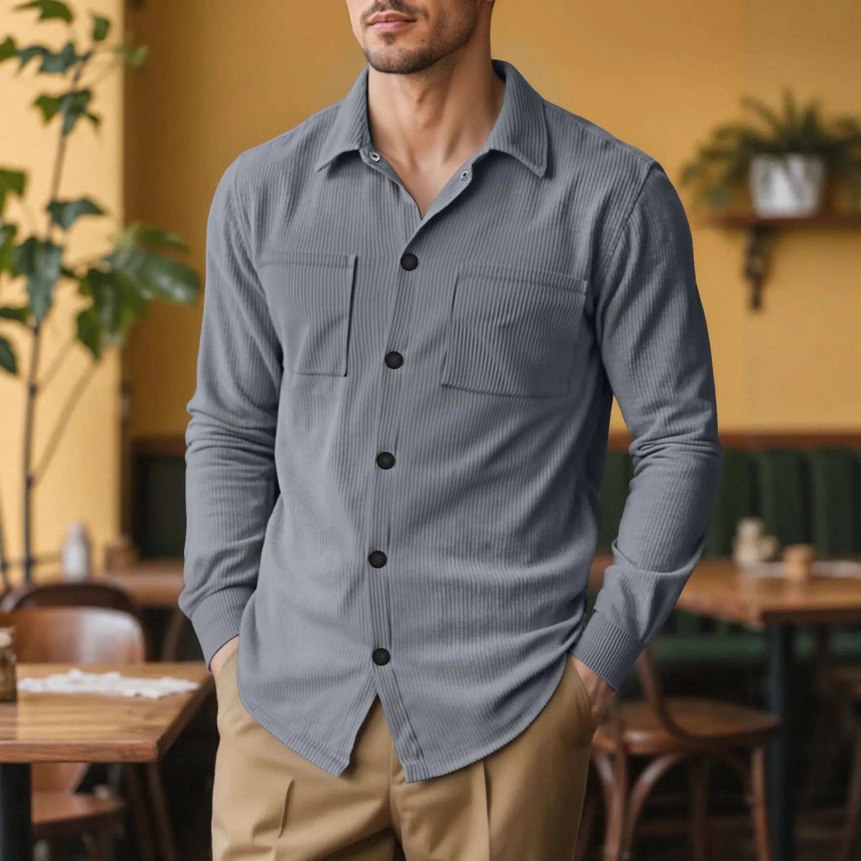 Casual corduroy polo collar jacket top with patch pockets in five colours from S to XXXL size
