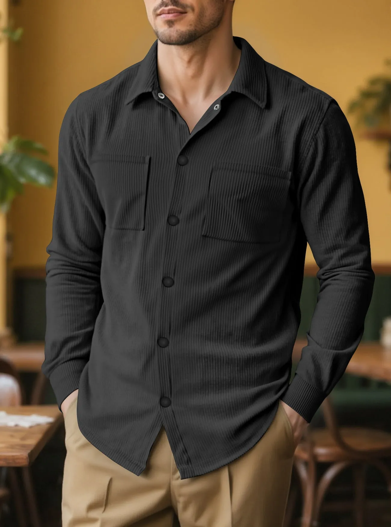 Casual corduroy polo collar jacket top with patch pockets in five colours from S to XXXL size
