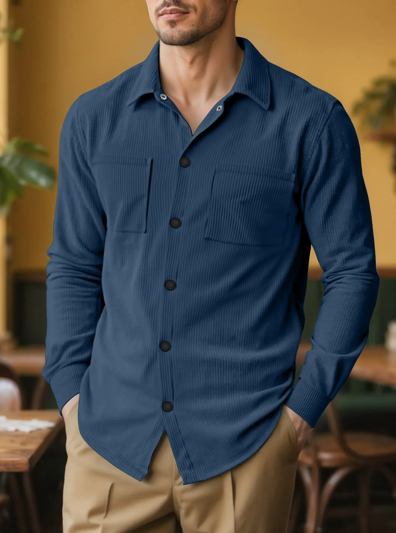 Casual corduroy polo collar jacket top with patch pockets in five colours from S to XXXL size