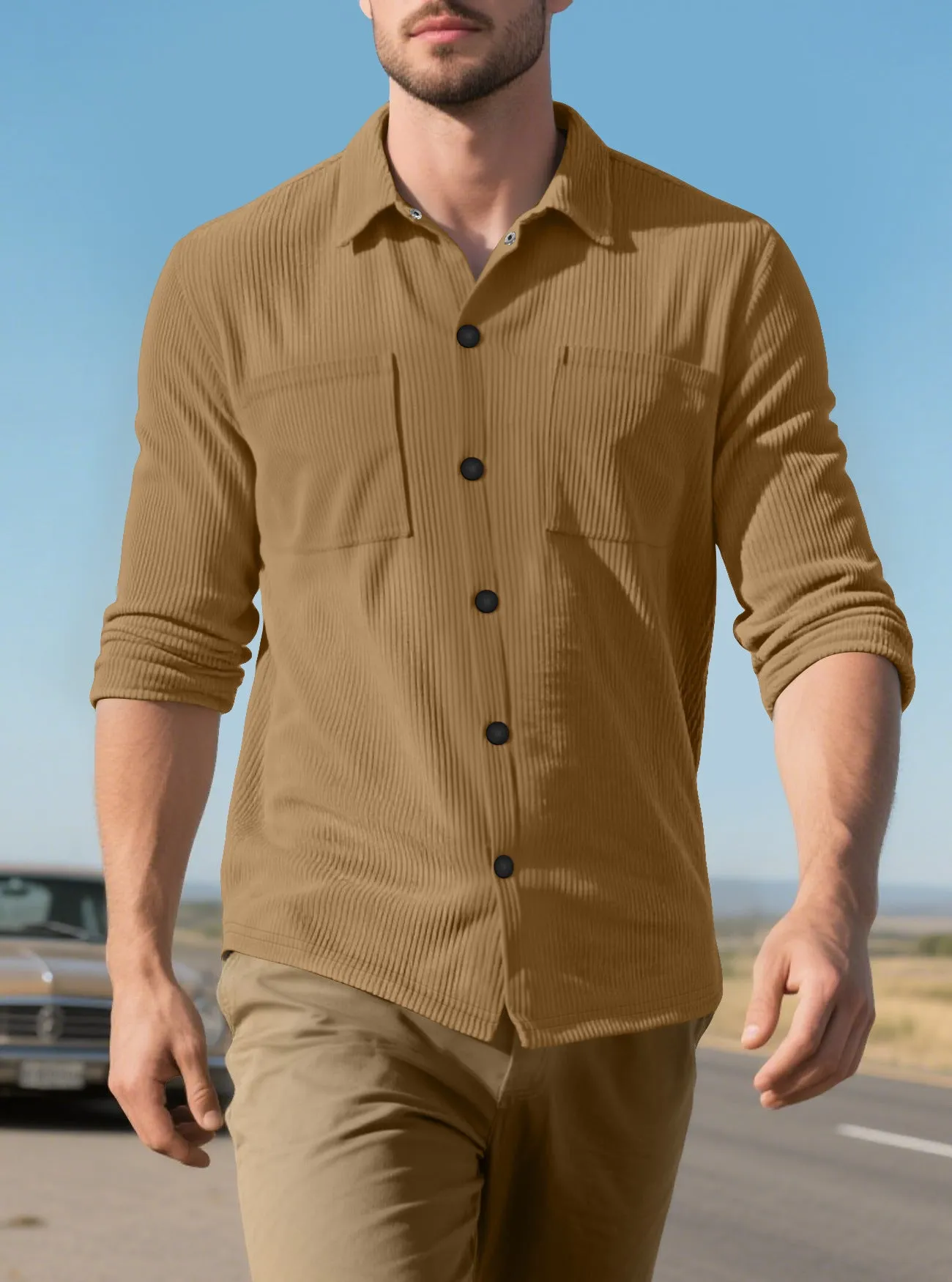 Casual corduroy polo collar jacket top with patch pockets in five colours from S to XXXL size