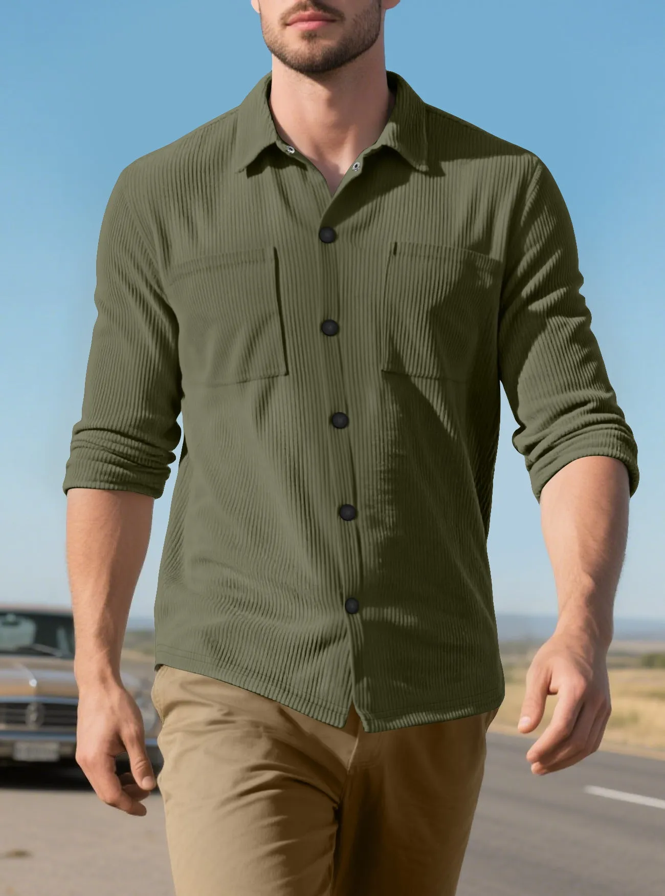 Casual corduroy polo collar jacket top with patch pockets in five colours from S to XXXL size