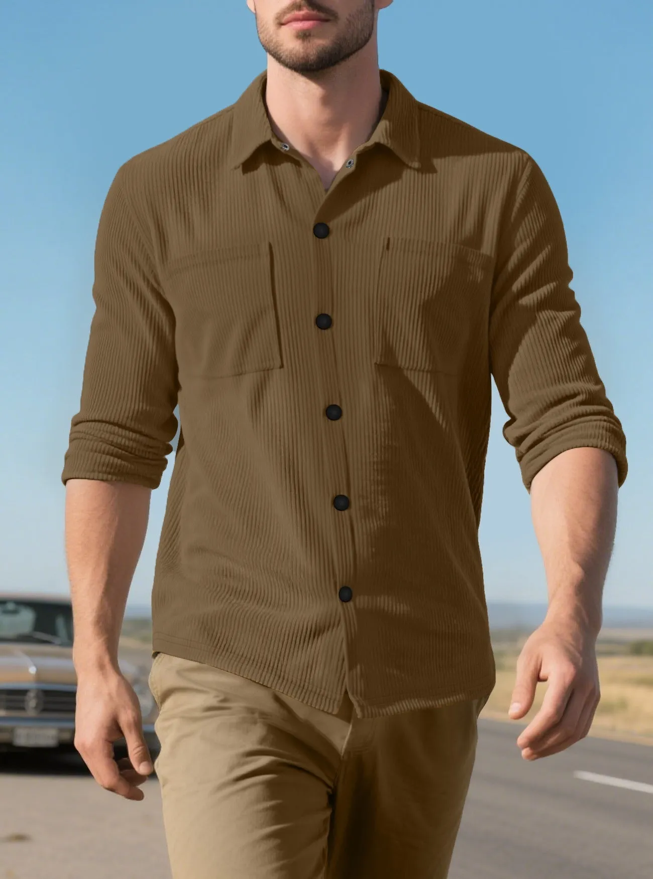 Casual corduroy polo collar jacket top with patch pockets in five colours from S to XXXL size
