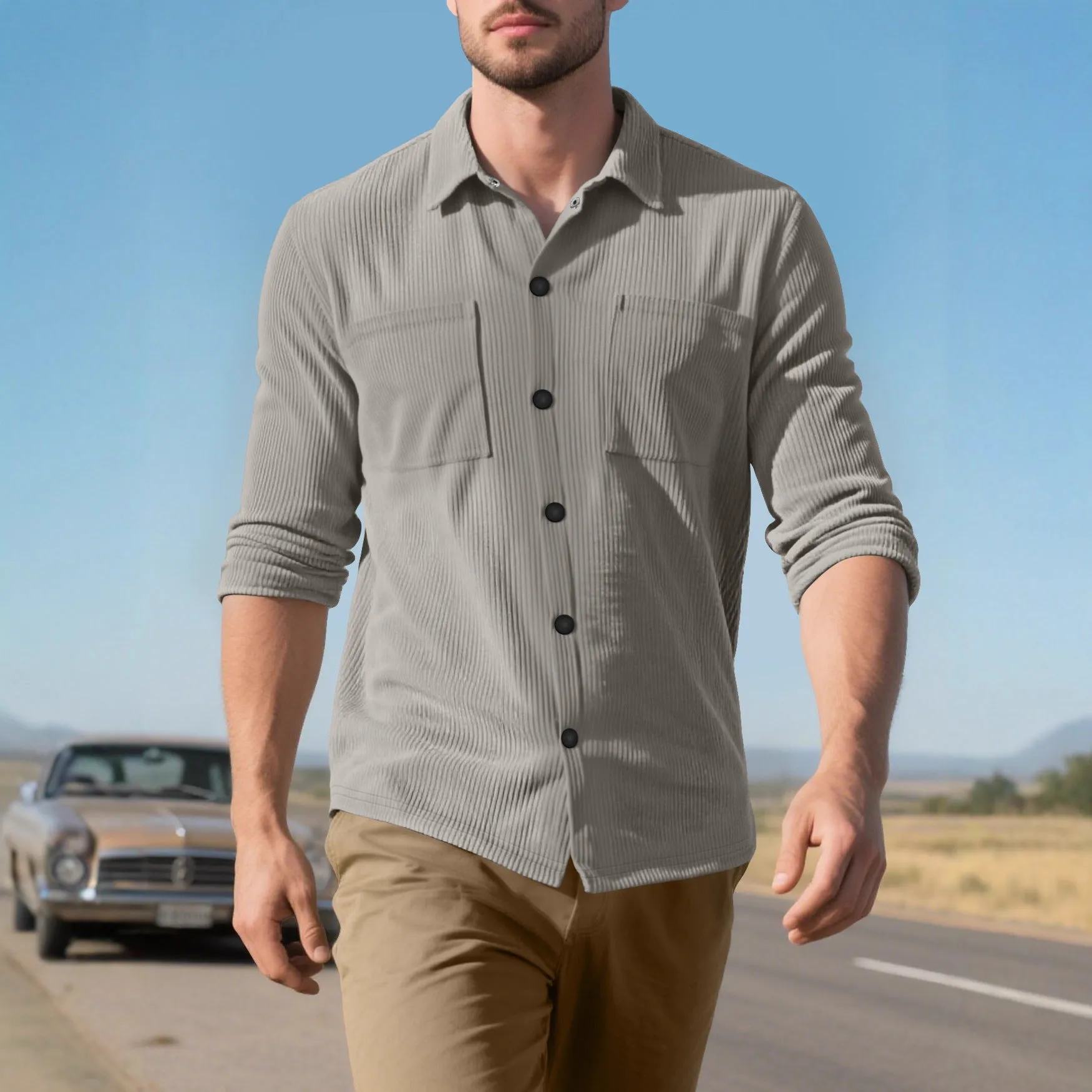 Casual corduroy polo collar jacket top with patch pockets in five colours from S to XXXL size