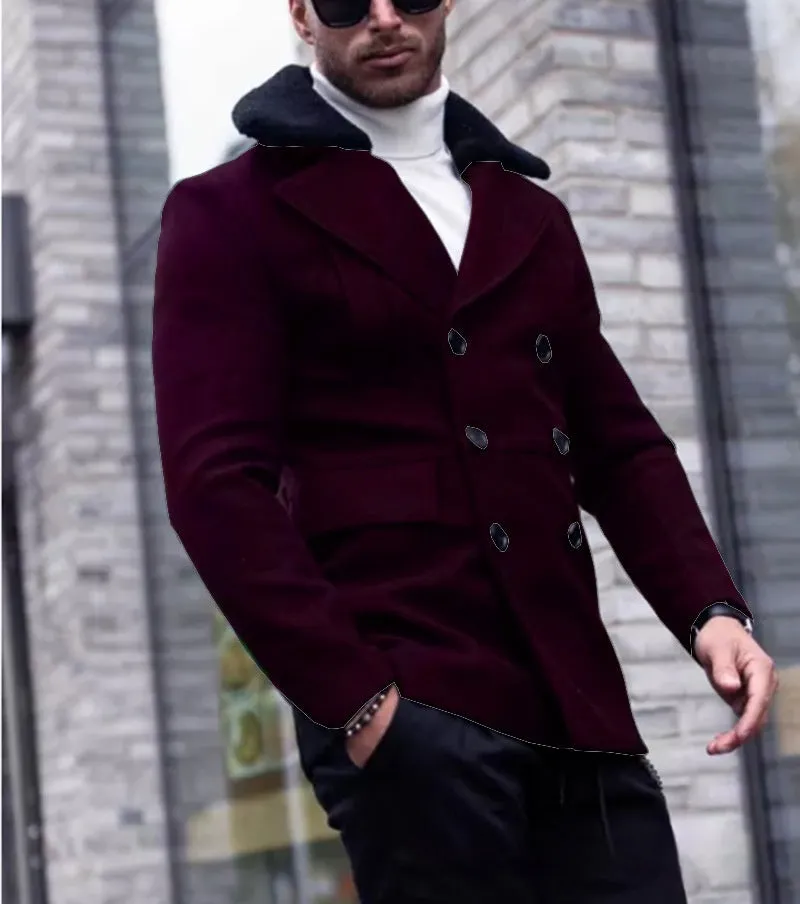 Men's fur collar coat in woolen blend, British style, available in Black and Army Green