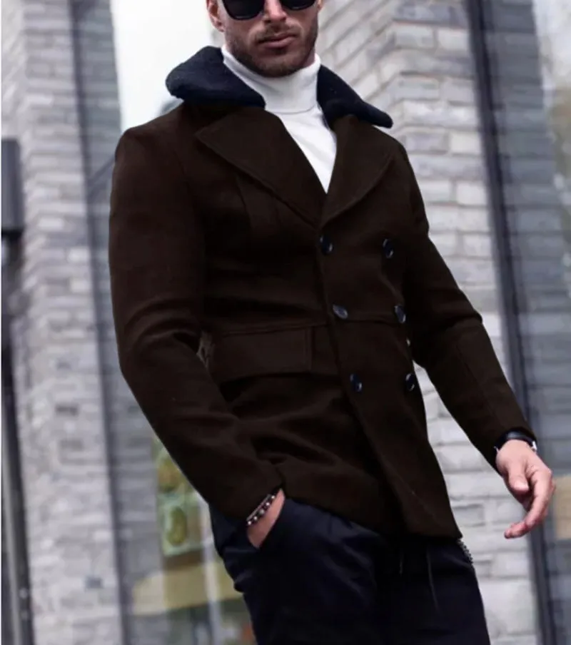 Men's fur collar coat in woolen blend, British style, available in Black and Army Green